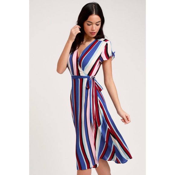 NWT Womens Size Small Lulu's Gesselie Blue Multi Stripe Midi Wrap Dress - Picture 1 of 4